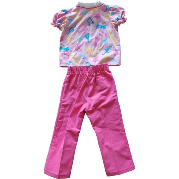 Vintage girls pink shirt and pants set / outfit, pink with music notes - Picture 4 of 8